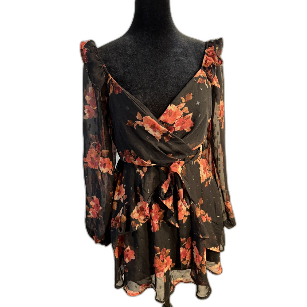 Black Floral Chiffon Wrap Mini Dress — Ruffle Hem, Long Sleeve
